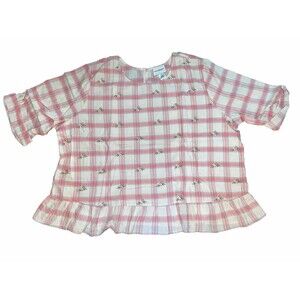 Denim Moves Women’s 4X Pink Rosette Plaid Cotton Shirt Shirt Roll Tab Sleeve